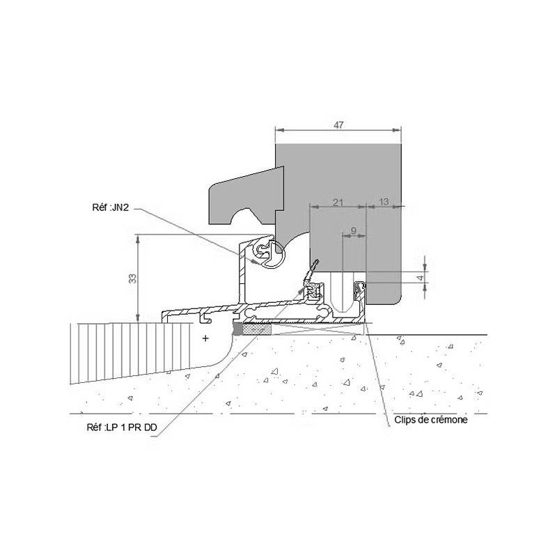 Seuil nez incliné H 33, porte 47 mm + ML JN2 + ML LP1 PR DD Seuil nez incliné H 33, porte 47 mm + ML JN2 + ML LP1 PR DD