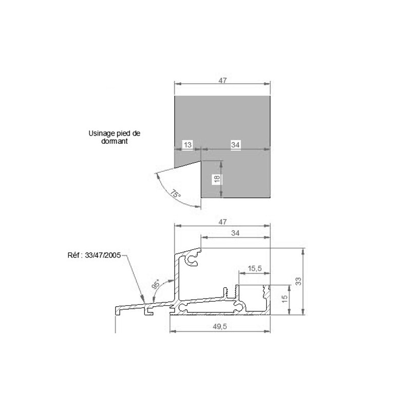 Seuil nez incliné H 33, porte 47 mm + ML JN2 + ML LP1 PR DD Seuil nez incliné H 33, porte 47 mm + ML JN2 + ML LP1 PR DD