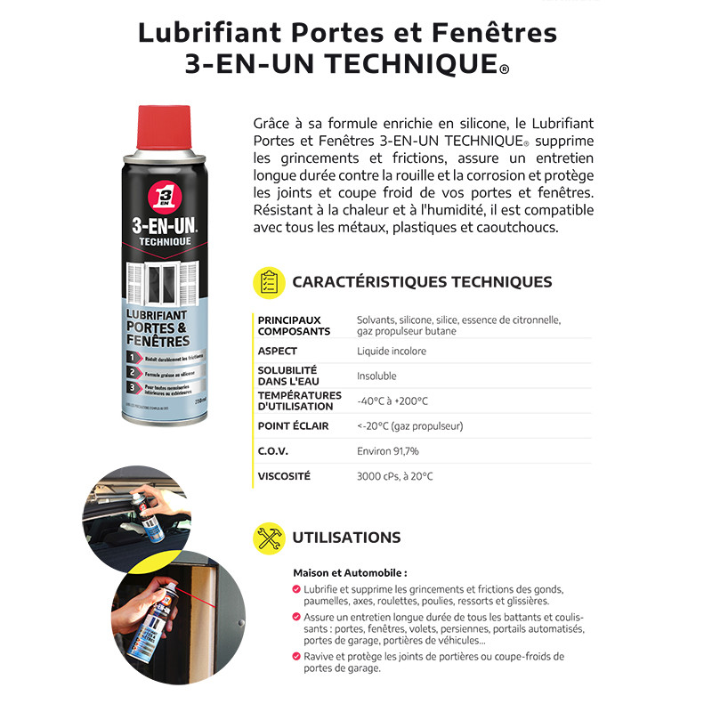 3EN1 Lubrifiant porte et fenêtre 250ML 3EN1 Lubrifiant porte et fenêtre 250ML