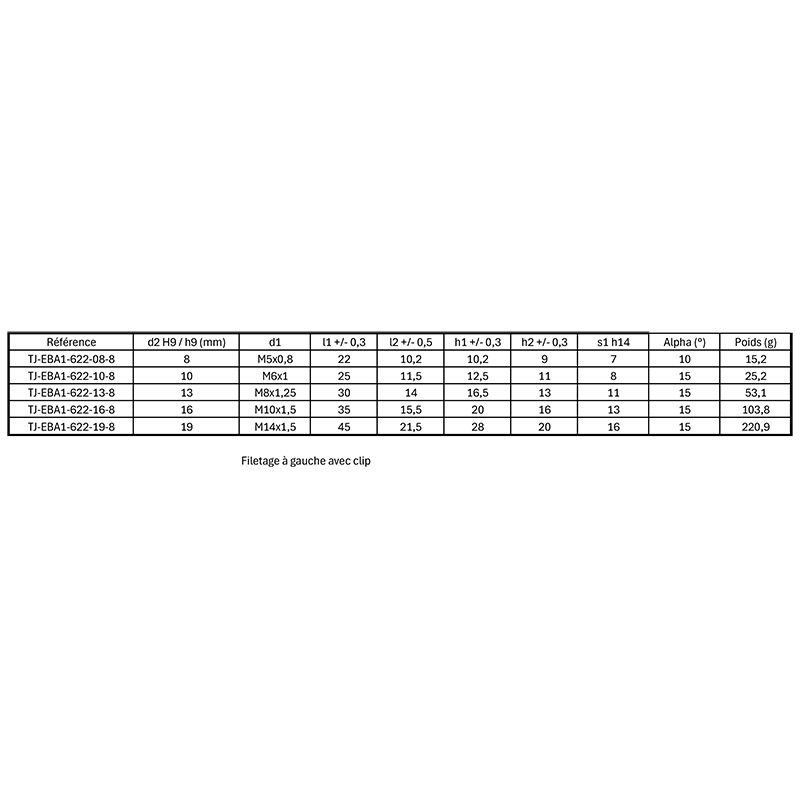 Embout mâle acier EBA1-622 taraudage à gauche avec clip Embout mâle acier EBA1-622 taraudage à gauche avec clip