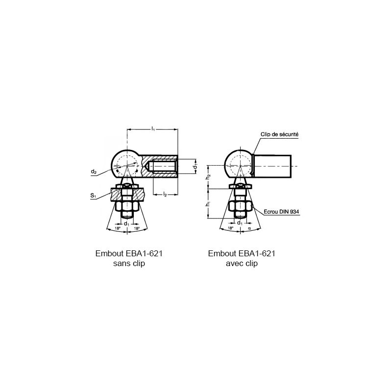 Embout mâle acier EBA1-621 taraudage à gauche sans clip Embout mâle acier EBA1-621 taraudage à gauche sans clip